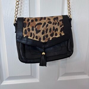 Audrey Brooke Black Leather Crossbody with Leopard Print Flap and Gold Chain